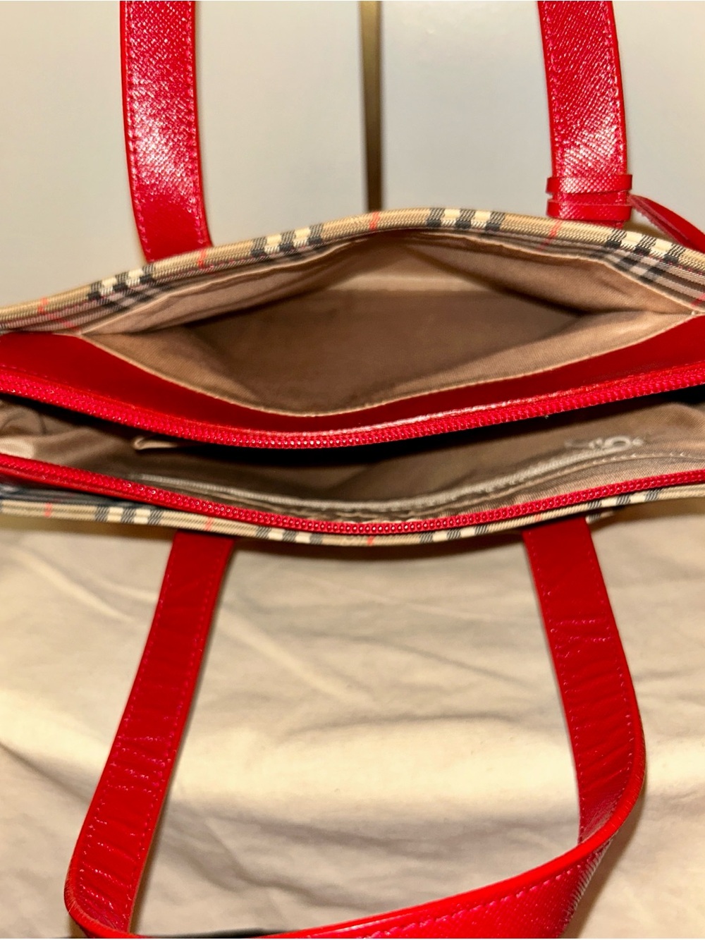 Burberry. Haymarket Check Canvas Tote Bag featuring vibrant red leather trim. - Picture 11 of 12